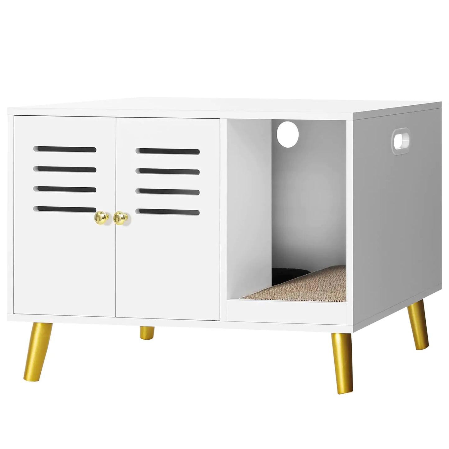 WEENFON Cat Litter Box Furniture Hidden Litter Box Enclosure with 2 Mats Litter Mat & Scratching Mat Pet Crate Cat Washroom Cabinet Fits Most Litter Box Louvered Doors White