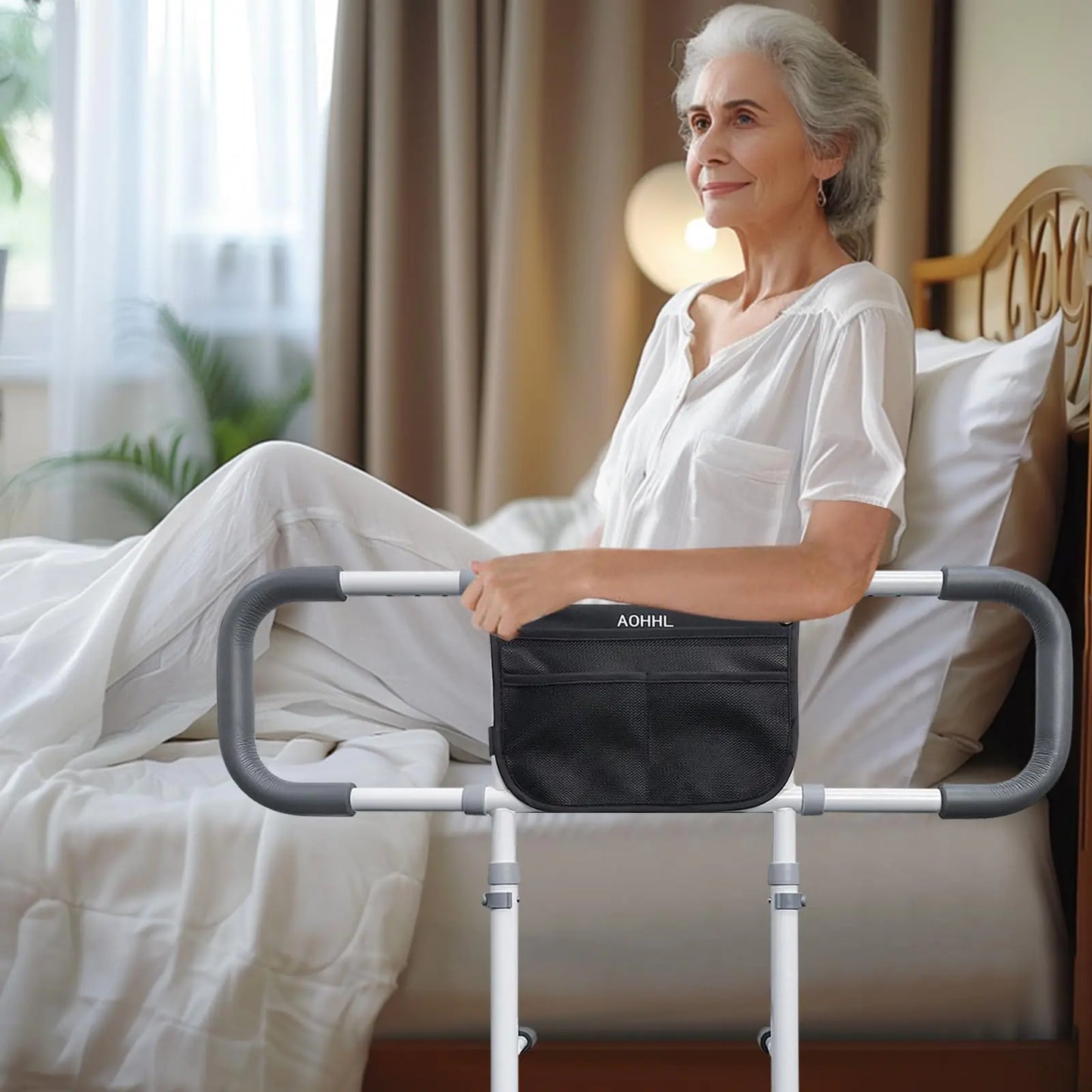 Bed Rails for Elderly Adults Safety with Adjustable Heights Storage Pocket Assist Support Side Railings for Seniors Citizens Slides Under Mattressbed Cane Bed Guard Bed Handles Bars (Grey)