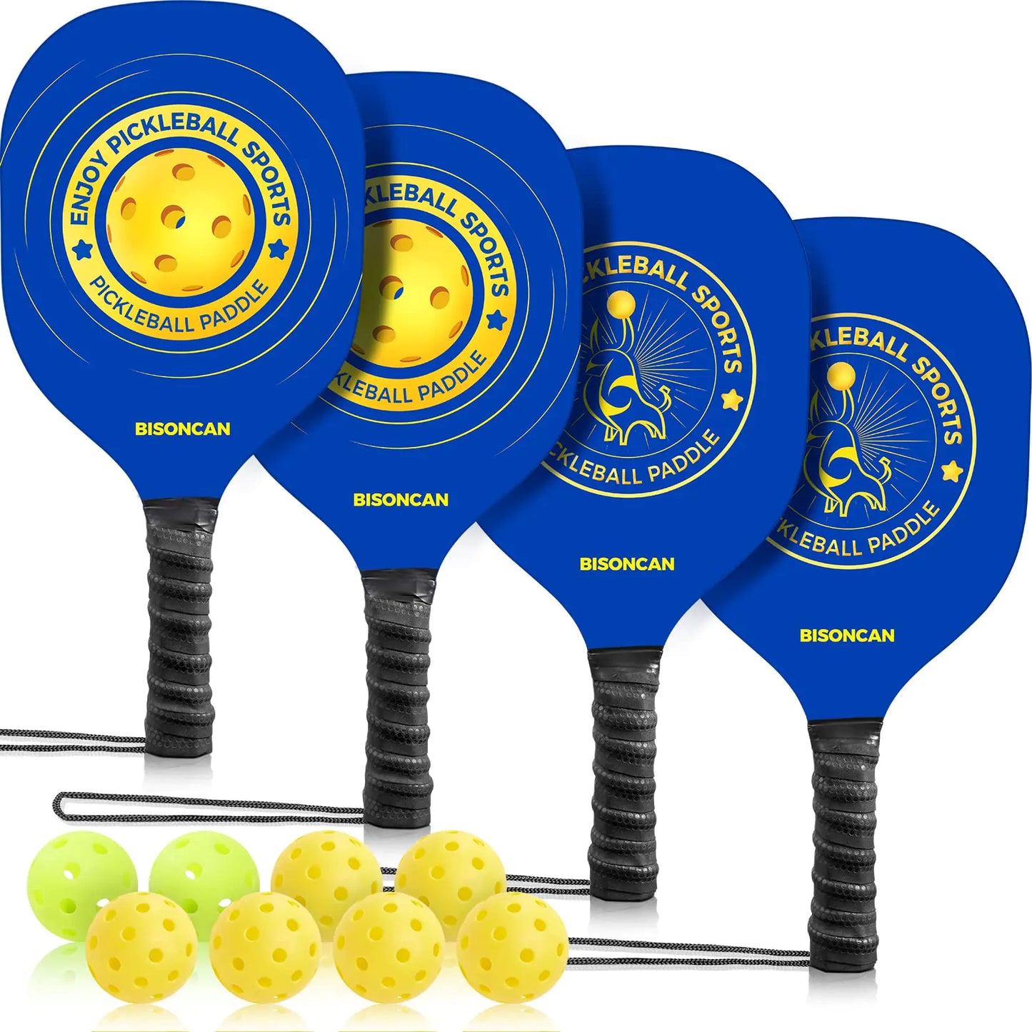 BISONCAN Pickleball Paddles - Pickleball Set of 4 Wood Paddles 8 Indoor & Outdoor Pickleball Balls Set of 4 Pickleball Rackets with Ergonomic Cushion Grip