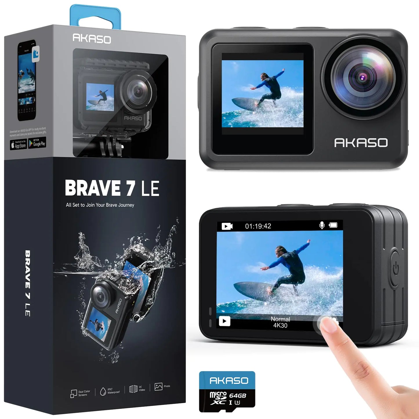 AKASO Brave 7 LE 4K30fps Action Camera with 64GB MicroSDXC U3 Memory Card Accessories Kit Bundle Ultra HD 131FT Waterproof Camera EIS 2.0 WiFi Remote Control Zoom Underwater Camera