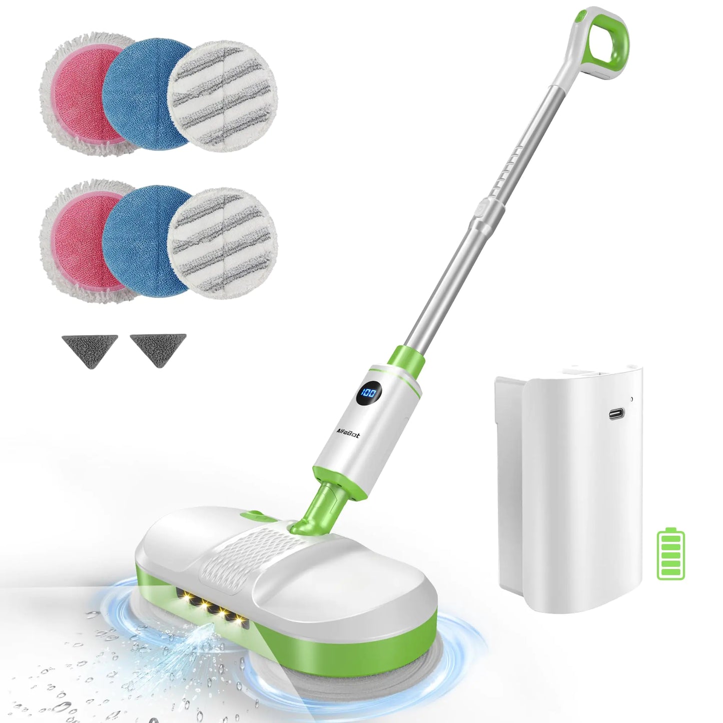 AlfaBot Cordless Electric Mop for Floor Cleaning Dual Spin Mop with LED Headlight/Water Spray/Self-PropelledClean up to 2700 ft²Rechargeable Scrubber Mops with Big Water Tank for Multi Floors
