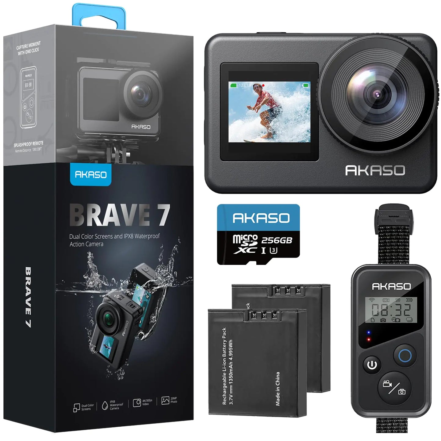 AKASO Brave 7 Action Camera 4K30FPS 20MP with 256GB U3 MicroSDXC Memory Card Waterproof Camera with Touch Screen IPX8 33FT EIS 2.0 Zoom Support External Mic Voice Control with 2X 1350mAh Batteries
