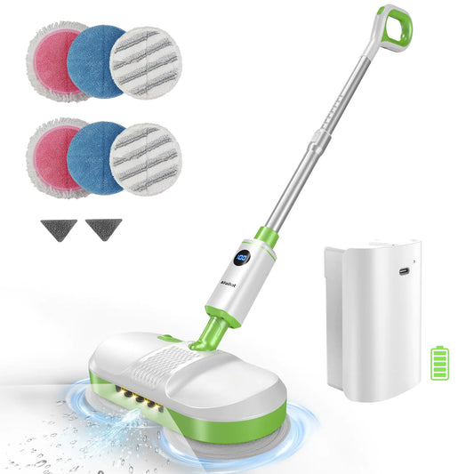AlfaBot Cordless Electric Mop for Floor Cleaning Dual Spin Mop with LED Headlight/Water Spray/Self-PropelledClean up to 2700 ft²Rechargeable Scrubber Mops with Big Water Tank for Multi Floors