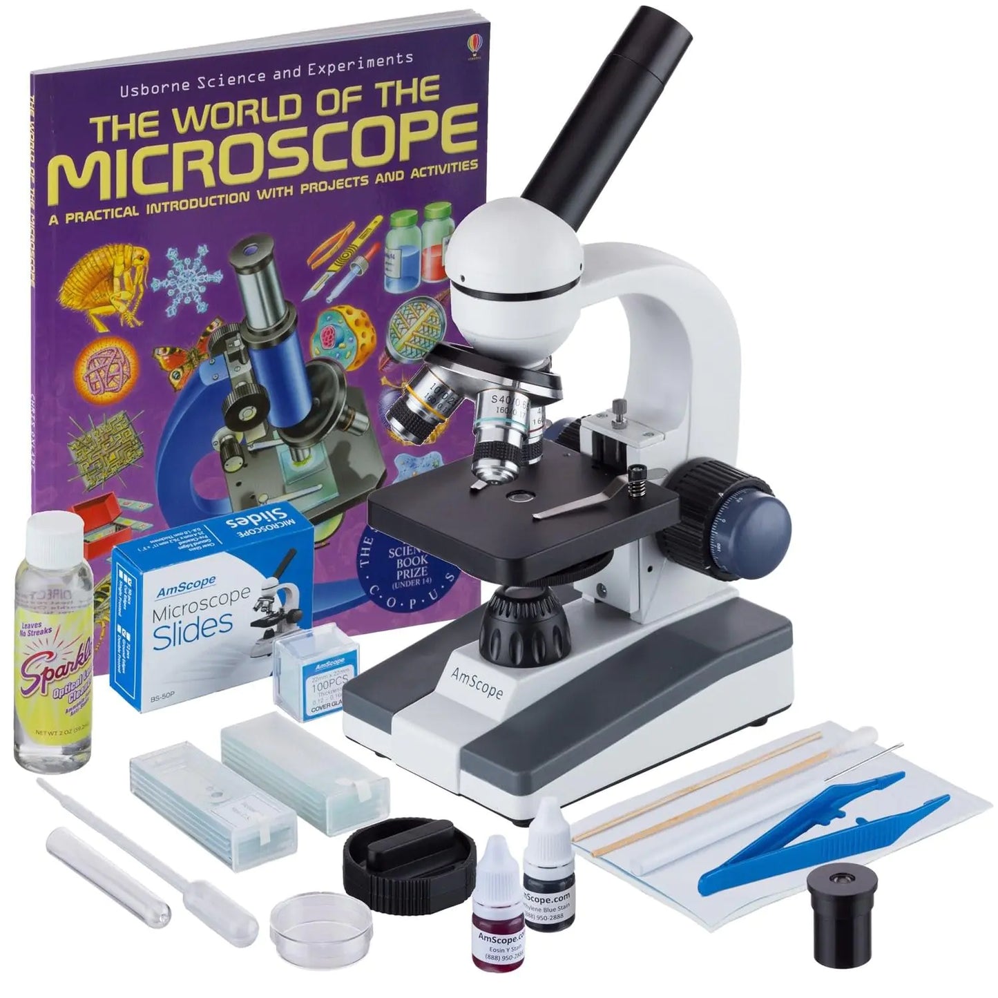 AmScope M150 Series Portable Monocular Student Compound Microscope - 40X-1000X Magnification - Comes with 50 Blank Slides 100 Cover Slips & More