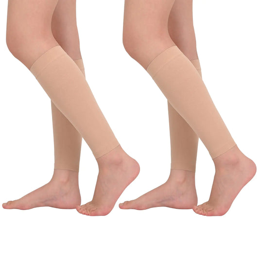 Wegitcs 2 Pairs Calf Compression Sleeve for Women & Men Footless Compression Socks 20-30mmHg for Leg Support Plus Size Compression Sleeve for Shin Splints Varicose Veins Running Cycling (Beige XXL)