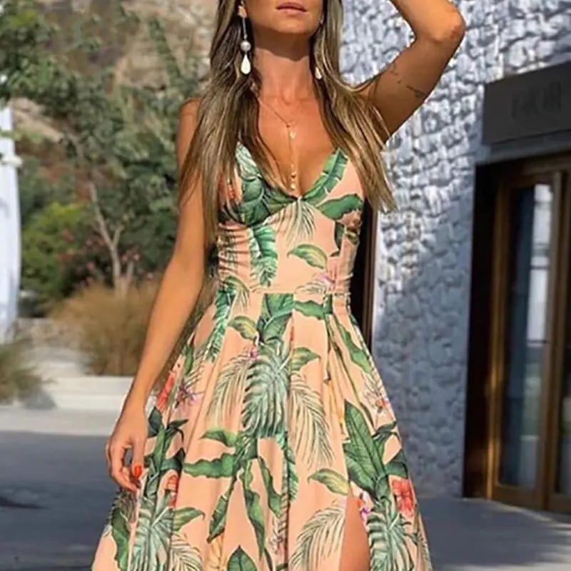 V-Neck Printed Waist-Defined Flare Dress