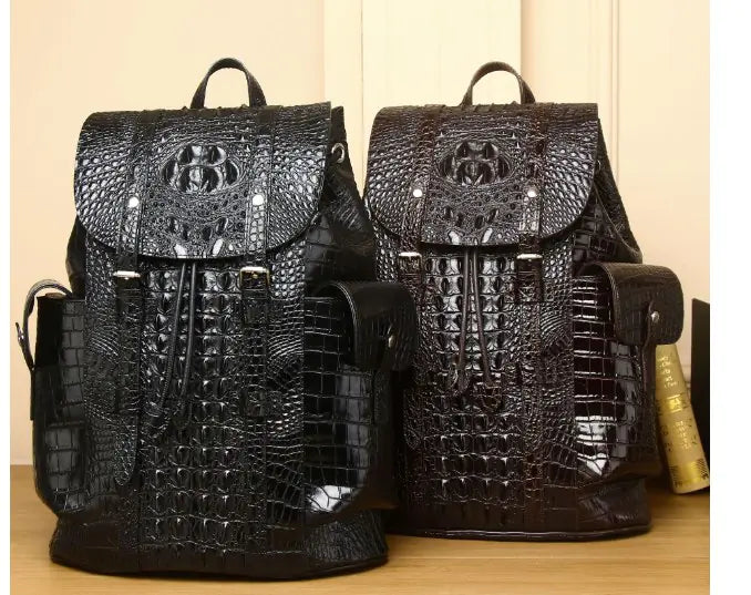 Vintage Style Handcrafted Leather Backpack with Crocodile Pattern