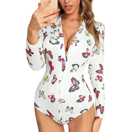 Women's Long-Sleeved V-Neck Funny Pajama Bodysuit