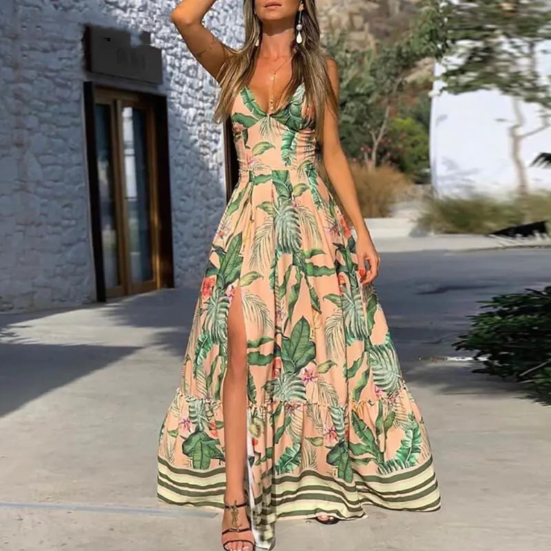 V-Neck Printed Waist-Defined Flare Dress