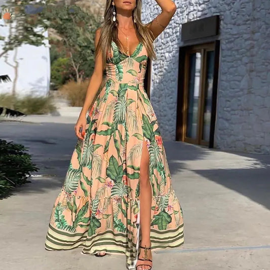 V-Neck Printed Waist-Defined Flare Dress