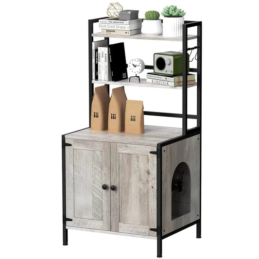Tohomeor Litter Box Enclosure with Shelves and Doors Vintage Wooden Hidden Cat Litter Box Furniture Industrial Indoor Cat House Washroom Pet Crate Storage Cabinet (Grey)