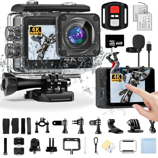4K Action Camera Sports Video Camera WiFi with Touch Screen Dual Screen 131FT Underwater Camera Waterproof EIS 2.0 170° Wide Angle Zoom 2 Batteries and Accessory Kits for Vlog