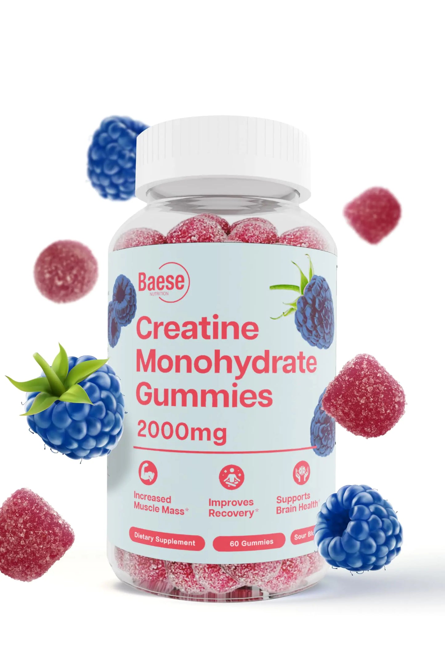 Baese Nutrition Creatine Monohydrate Gummies for Men & Women - High Purity Sour Blue Raspberry- Chewable Creatine Infused Gummy for Muscle Strength & Energy Boost Bioavailable Pre-Workout Supplement
