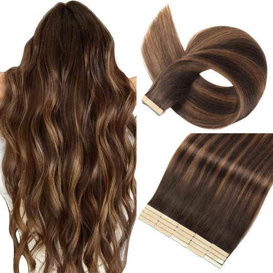 Tape in Hair Extensions Real Human Hair 24 Inch Dark Brown to Mixed Chestnut Brown Tape for Skin Weft Hair Extension Invisible Tape in Hair Extensions Straight Remy Human Hair for Women 20pcs